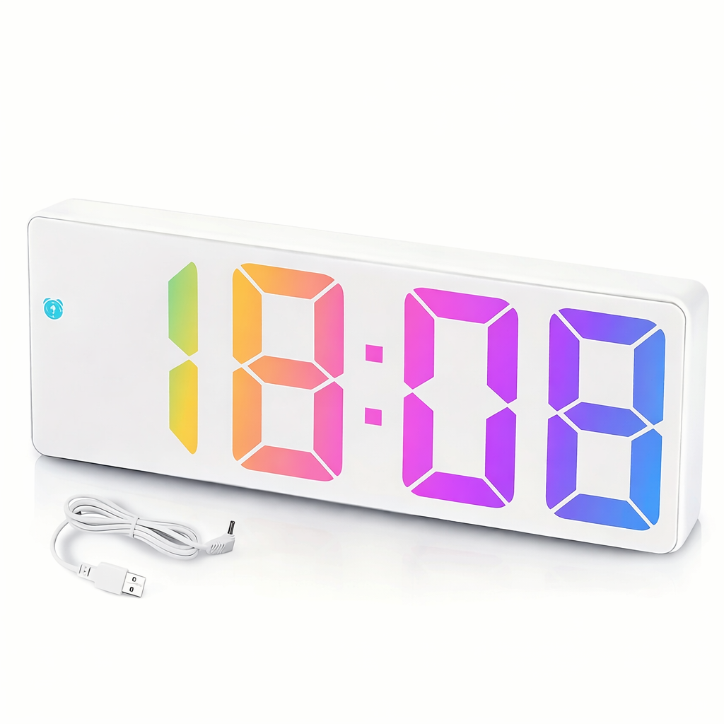 Colorful digital clock with USB cable on a white background