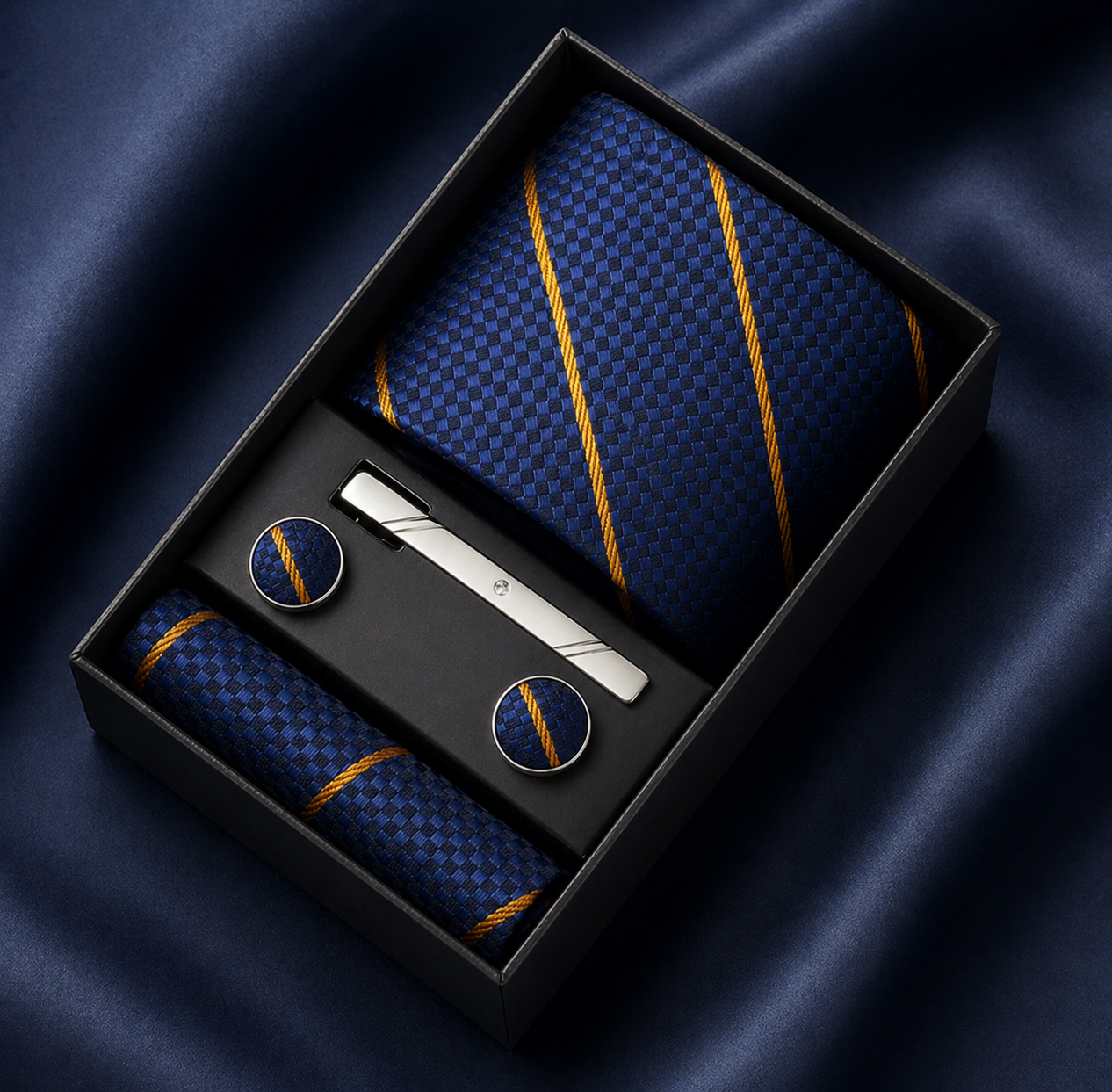 Set of blue tie, cufflinks, and tie clip in a black box on a dark fabric background