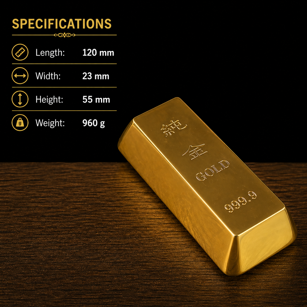 Gold bar with specifications on a wooden surface