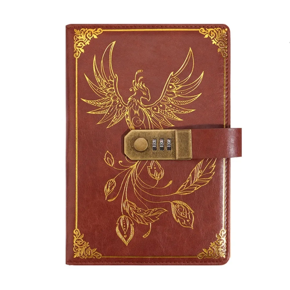 Red notebook with gold phoenix design and combination lock on a white background