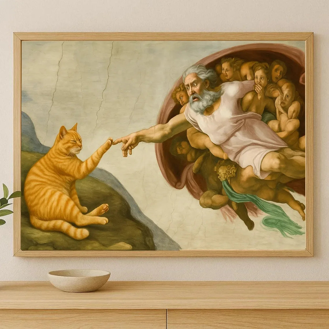 Framed artwork of a classical scene with a cat and a person, on a wall above a wooden shelf.