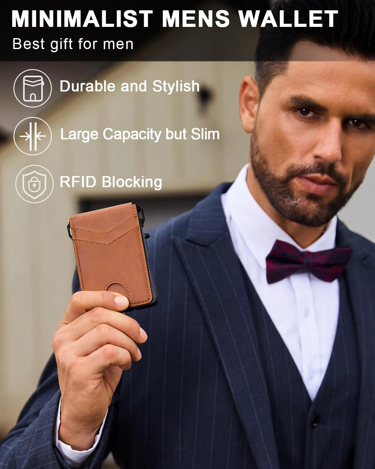 Man holding a brown wallet with product features listed above.