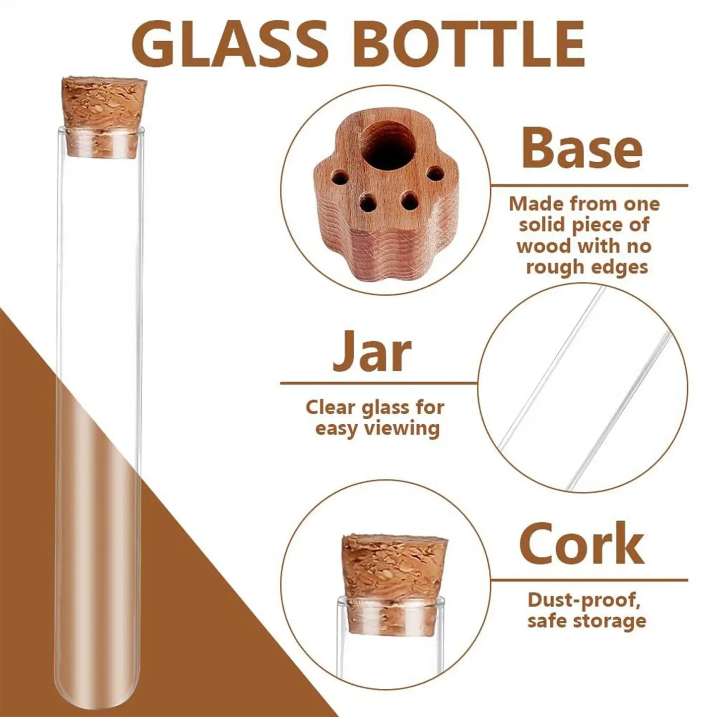 Glass bottle with cork stopper, showing base, jar, and cork components.