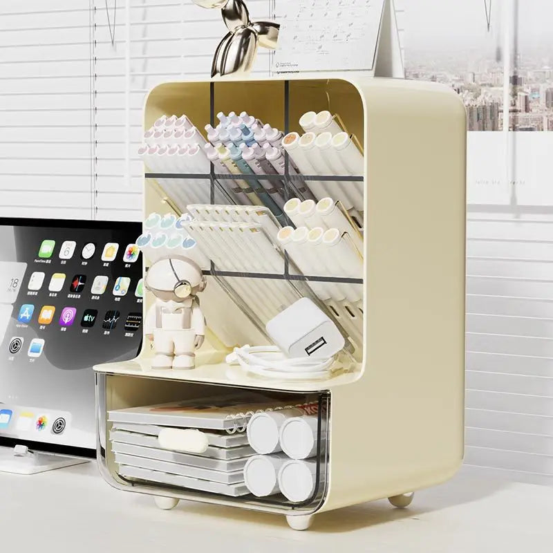 Beige desk organizer with stationery items in a home office setting