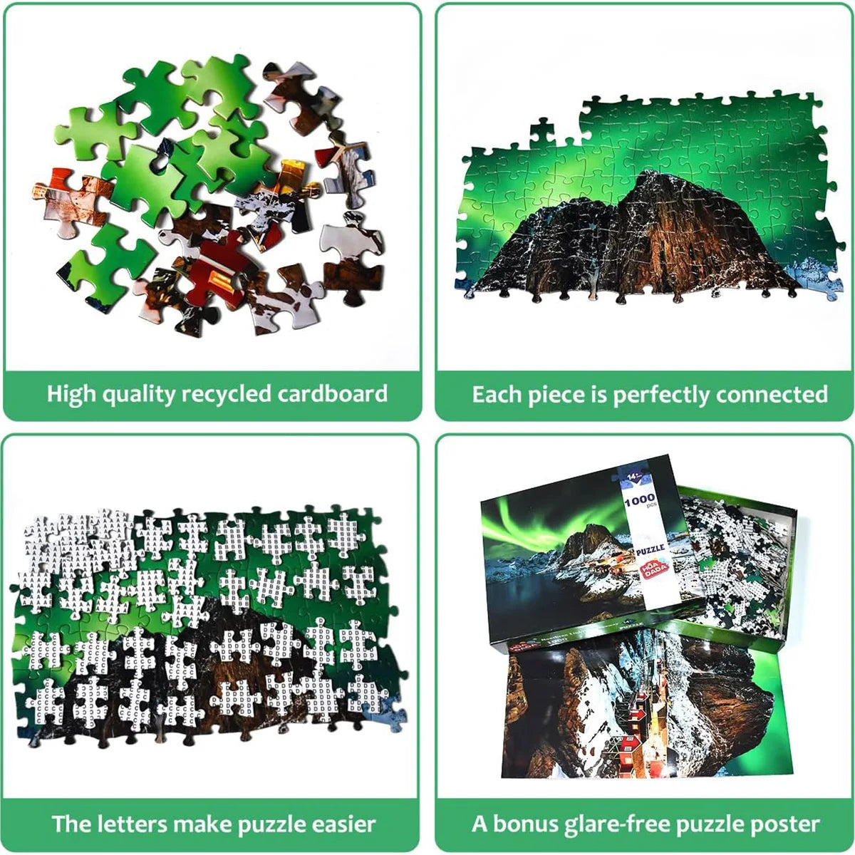 Jigsaw puzzle set with pieces, completed puzzle, and promotional materials on a green background.