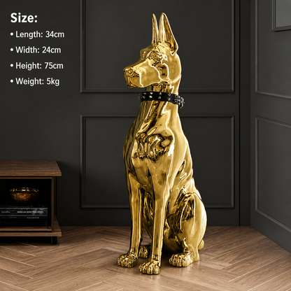Gold dog statue on a wooden floor with black panel walls