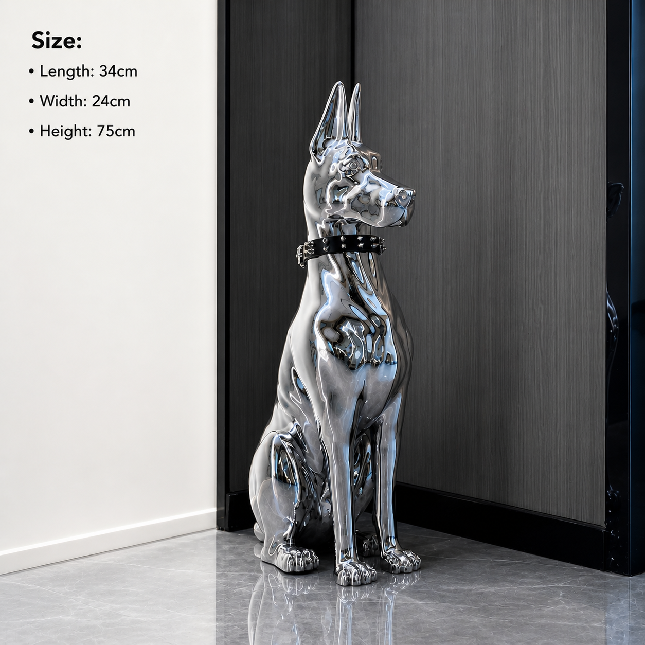 Silver dog statue with size specifications on a neutral background