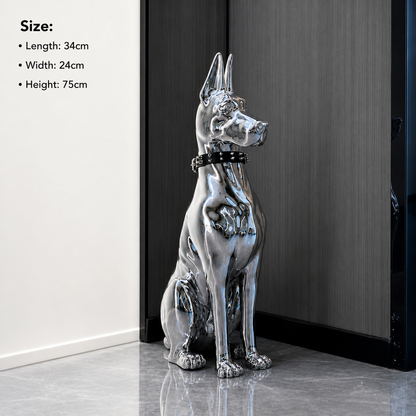 Silver dog statue with size specifications on a neutral background