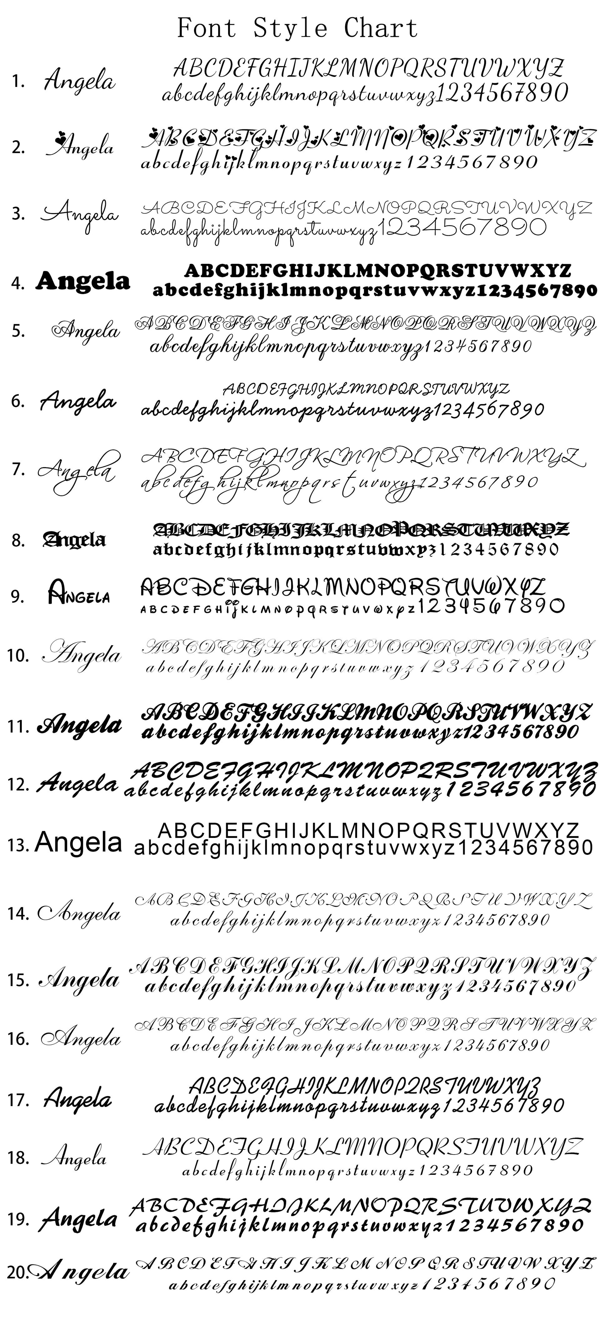 Font style chart with various examples of the 'Angela' font.