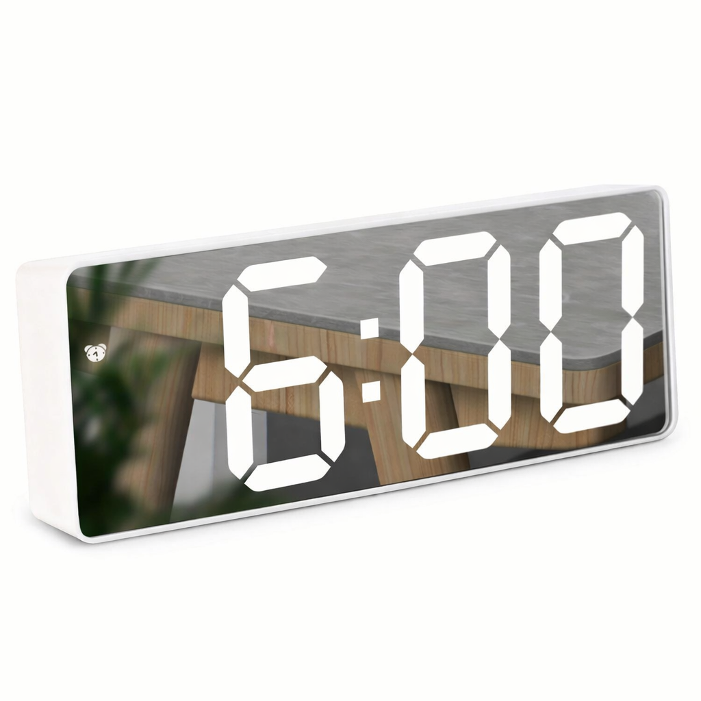 Digital clock with large LED display on a white background