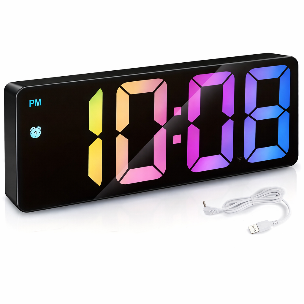 Digital clock with colorful display and USB cable on a white background
