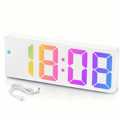 Colorful digital clock with USB cable on a white background