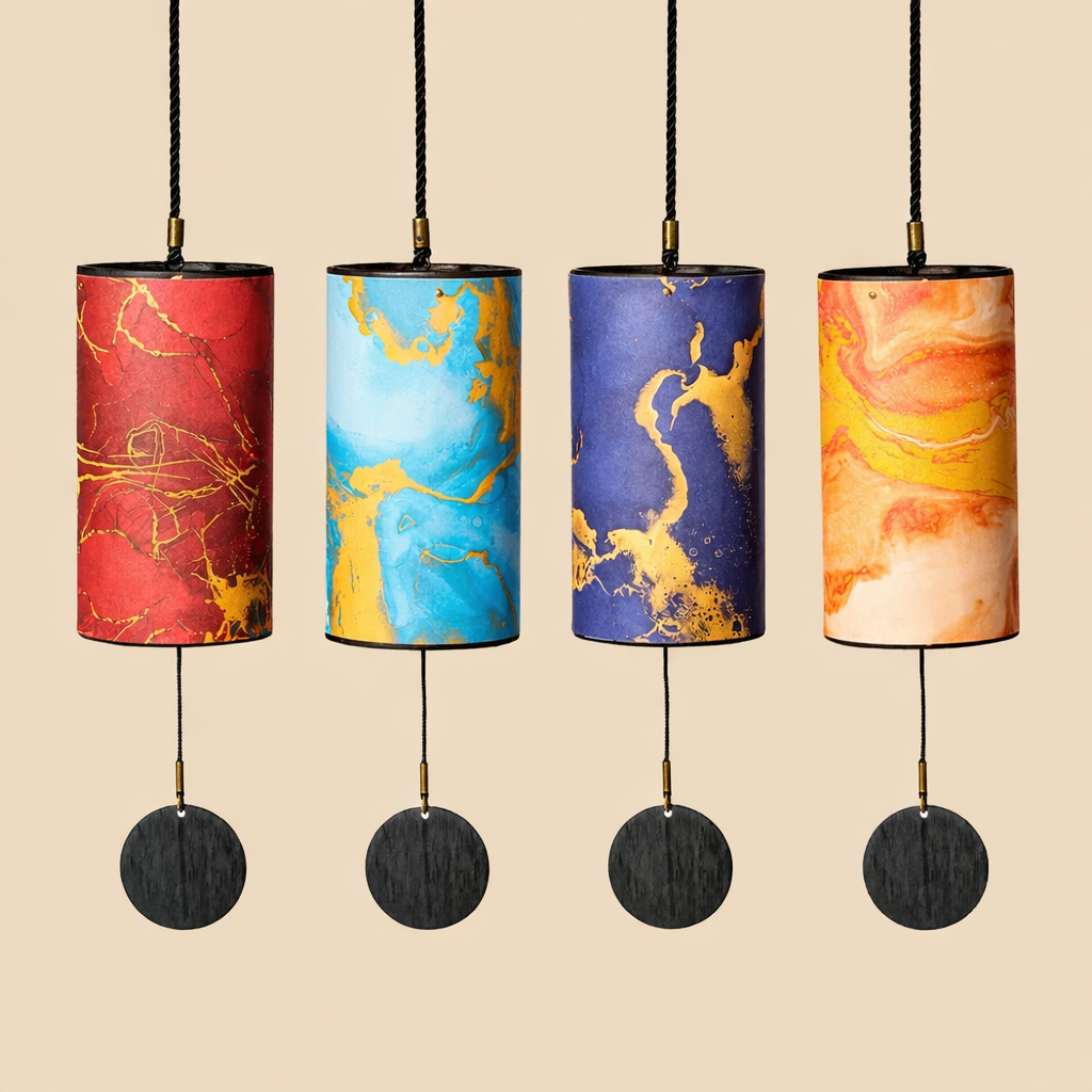 Four colorful cylindrical lamps with marbled patterns on a beige background