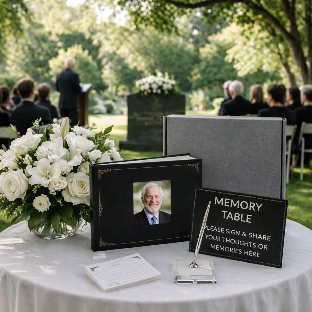 Memory table with photo album, flowers, and sign in a garden setting