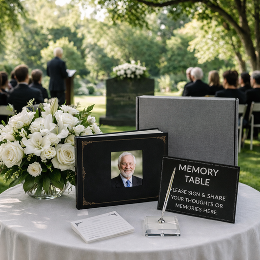 Memory table with photo album, flowers, and sign in a garden setting