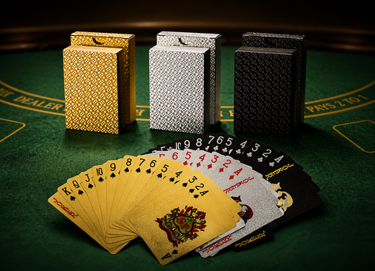 Gold, silver, and black playing card decks on a green felt casino table.