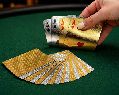 Gold and silver playing cards being held by a hand on a green felt surface