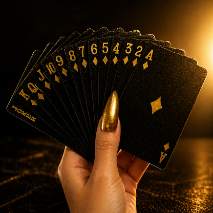 black playing premium rich playing cards held by a feminine hand with long claw gold nails