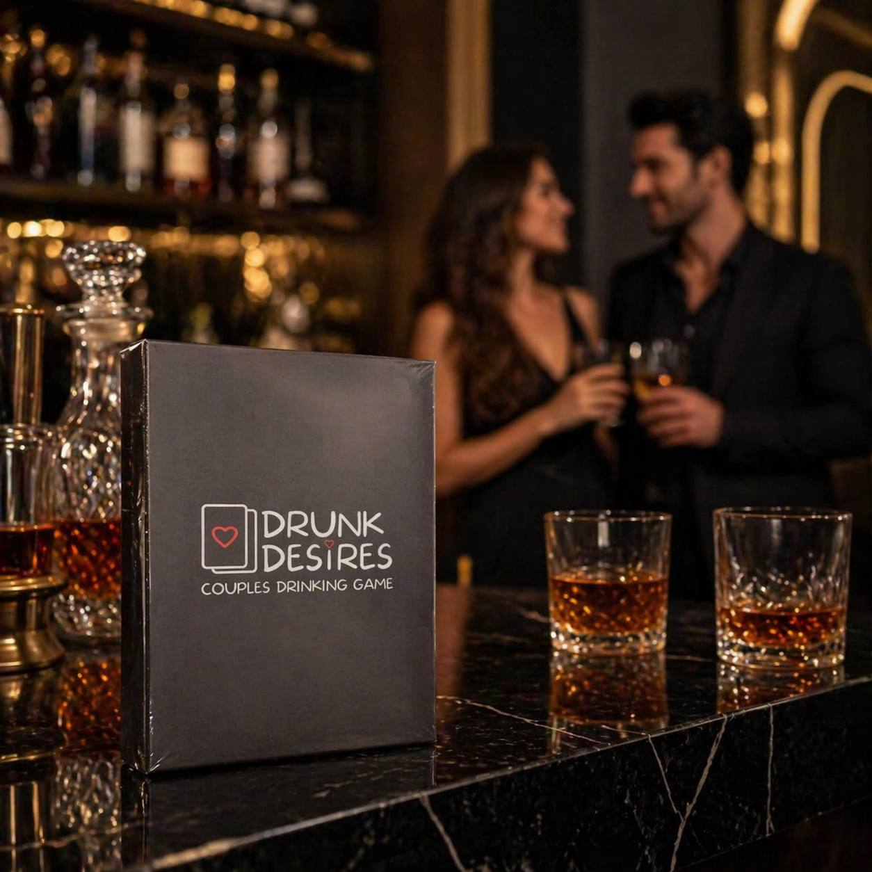 Drunk Desires couples drinking game box on a bar with people in the background
