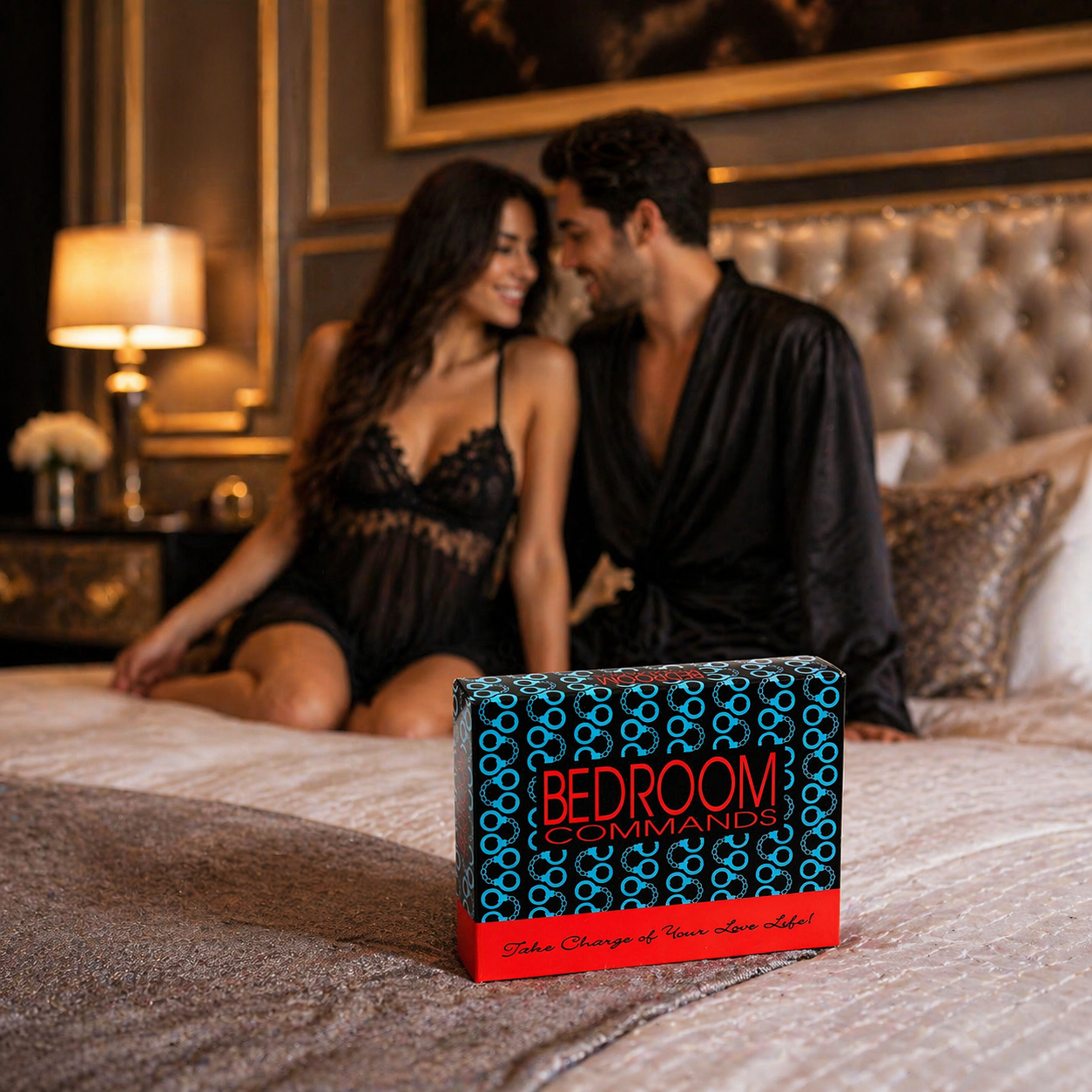 Couple in a bedroom setting with a 'Bedroom Commands' product box in the foreground.