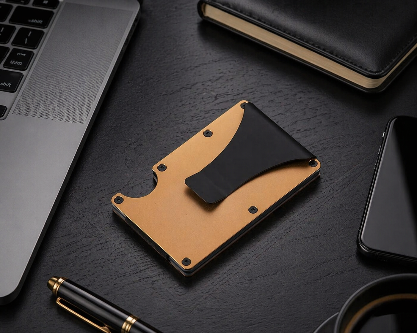 Black and tan leather cardholder on a dark surface with a laptop, phone, and pen.
