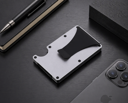 Metallic wallet on a dark surface with a pen and phone