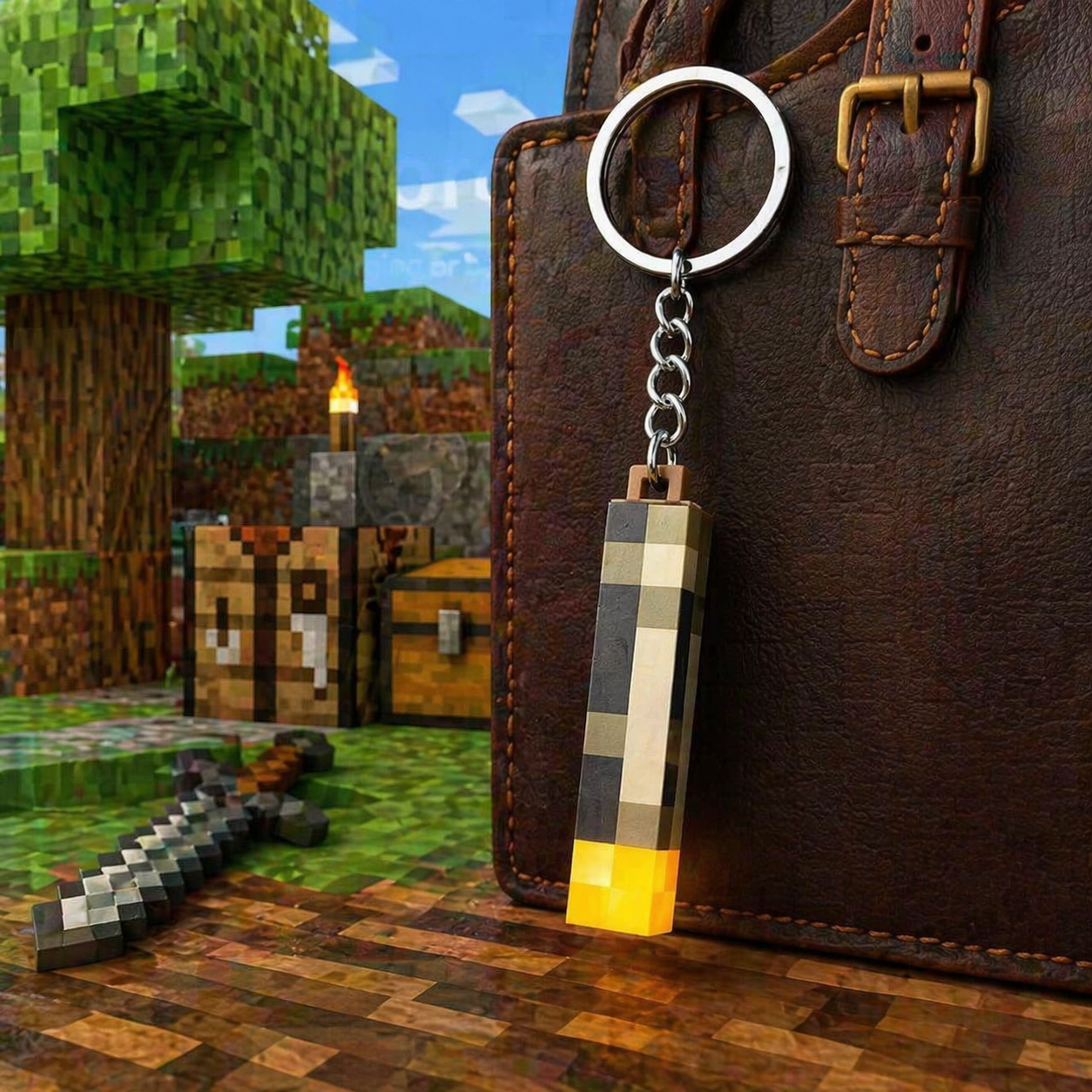 Keychain with pixelated design hanging from a leather bag in front of a Minecraft-style background.
