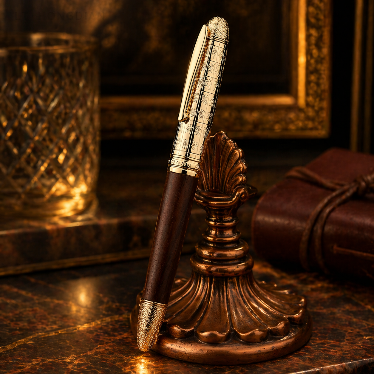 Decorative pen holder with a pen on a marble surface with a warm glow.