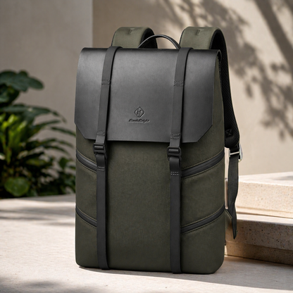 Green backpack with black straps on a light surface with plants in the background