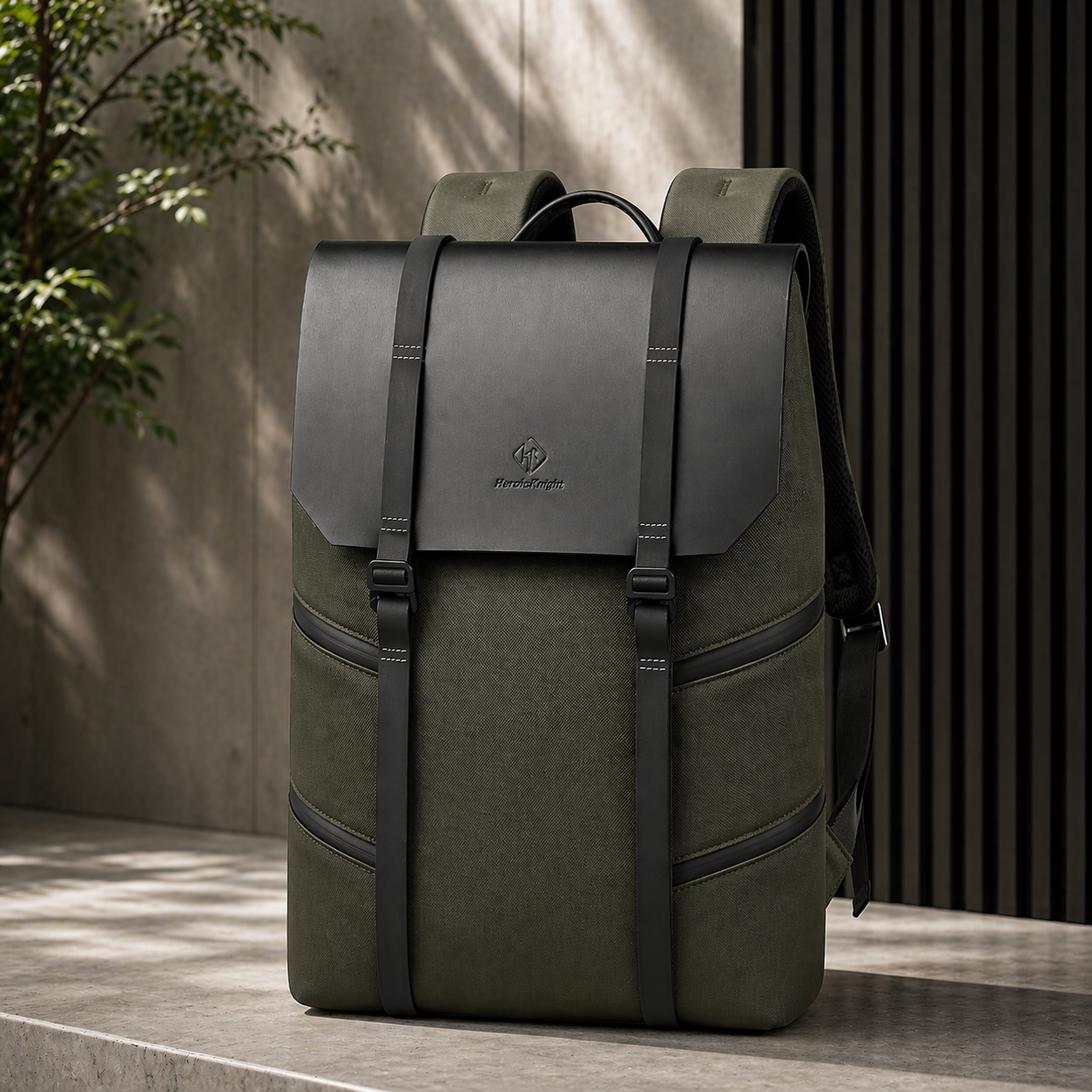 Green backpack with black straps on a wooden floor with a plant and curtain in the background