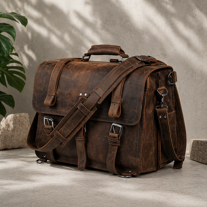 Brown leather satchel bag on a light surface with a plant in the background