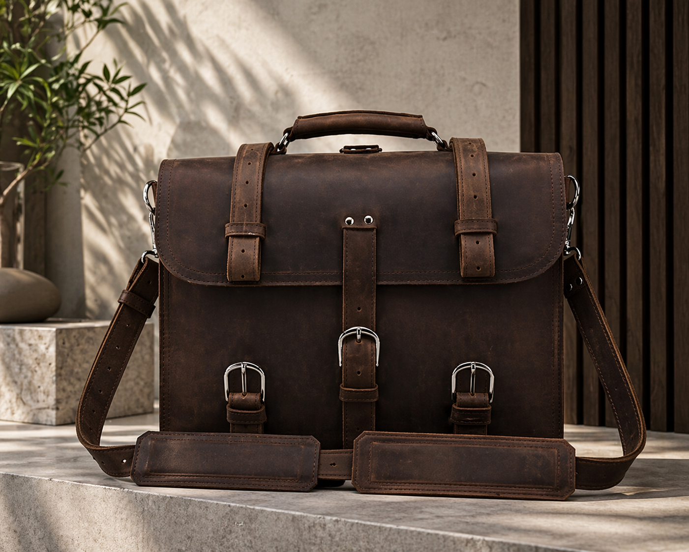 Brown leather satchel bag on a stone surface with a neutral background