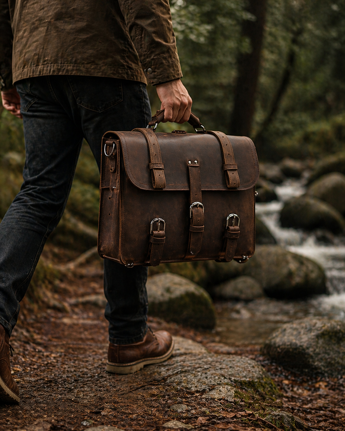 Person holding a brown leather briefcase in a forest setting