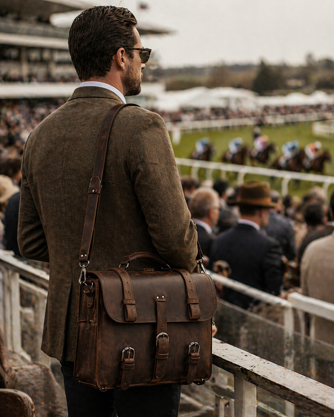 Man in a brown coat with a leather bag at a horse racing event