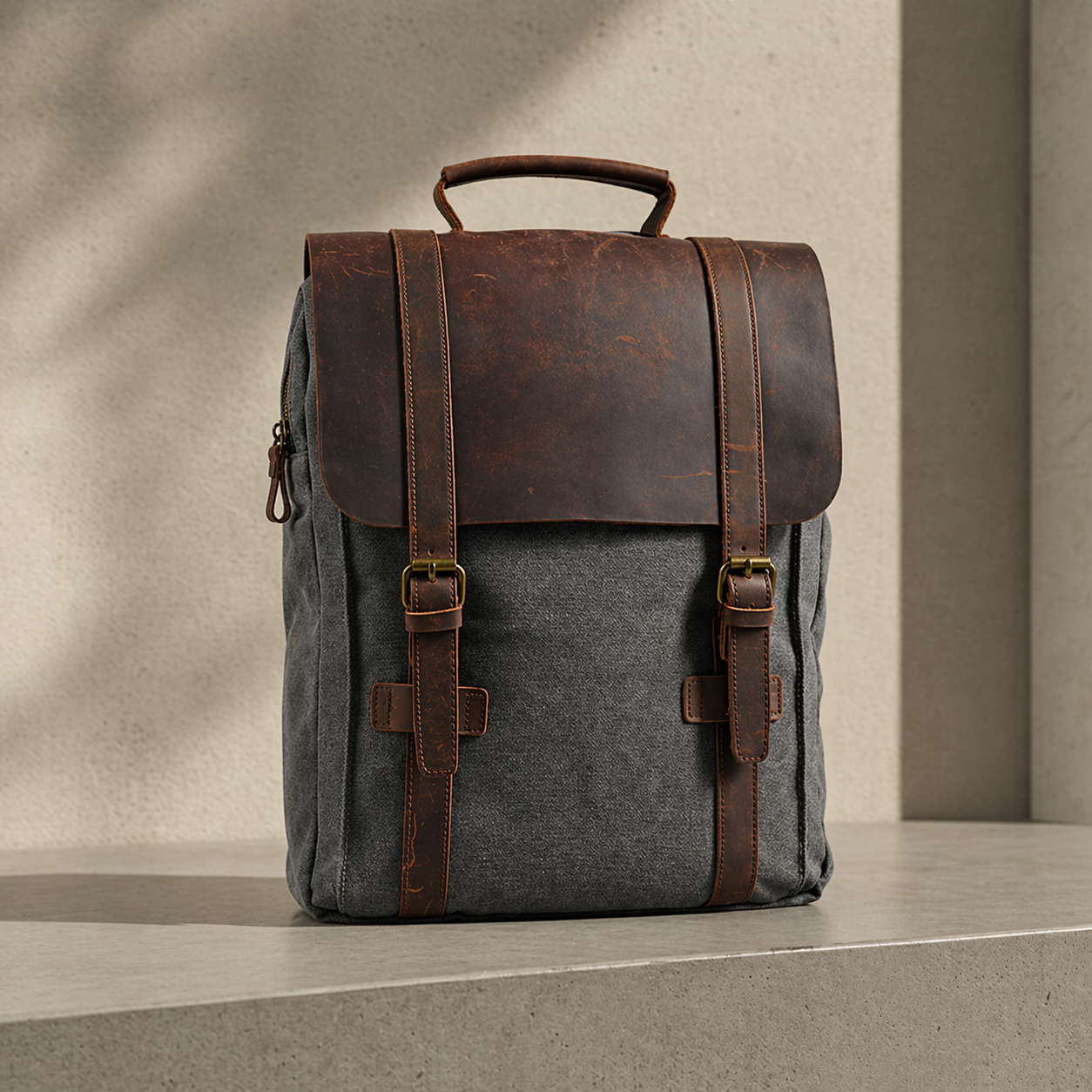 Gray backpack with brown leather straps on a neutral background