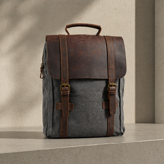 Gray backpack with brown leather straps on a neutral background