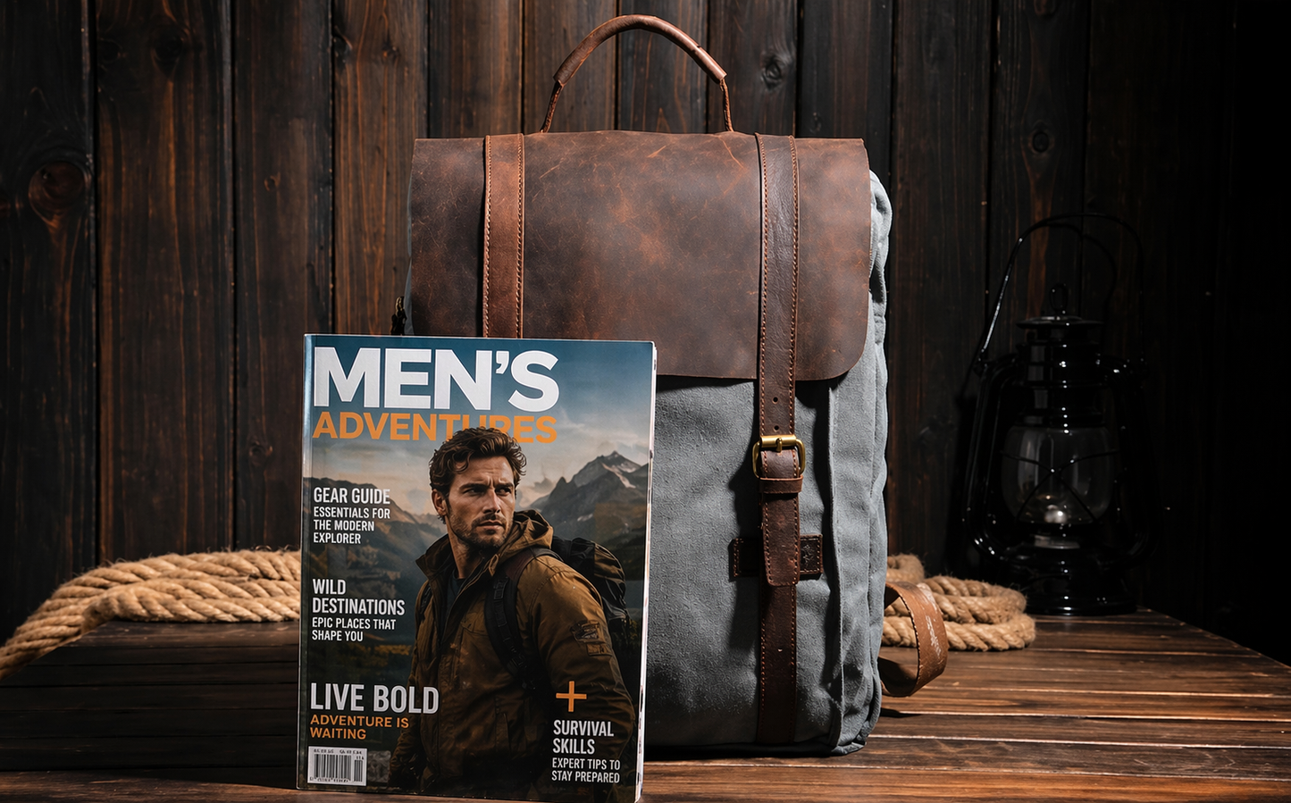 Brown leather backpack and 'Men's Adventures' magazine on a wooden surface with a dark wooden background.