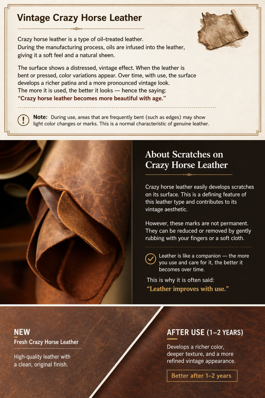 Vintage Crazy Horse Leather information card with leather texture and text about the material.