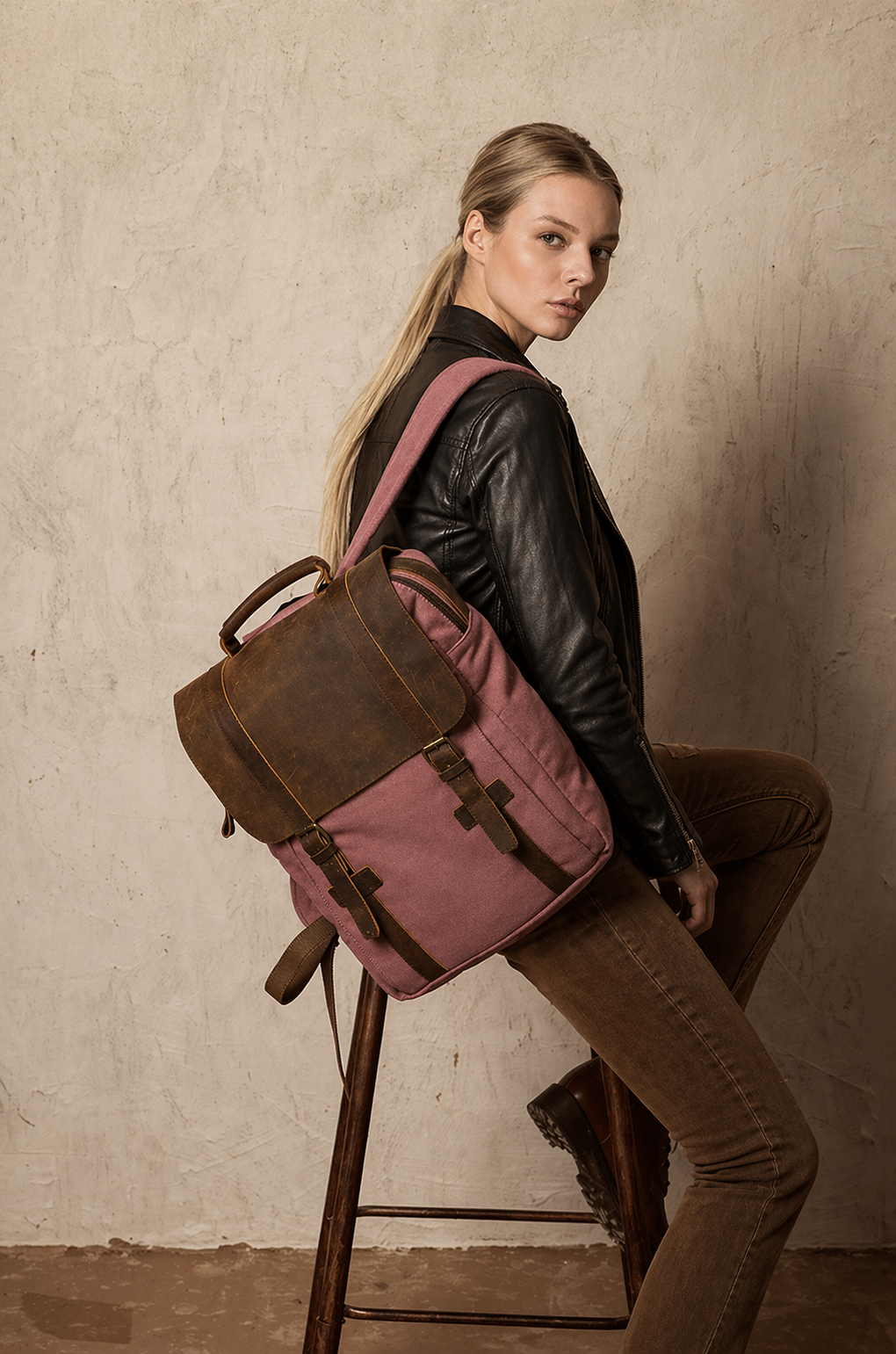 Woman with a pink and brown backpack sitting on a stool against a beige wall.