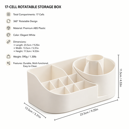17-cell rotatable storage box with dimensions and features on a white background