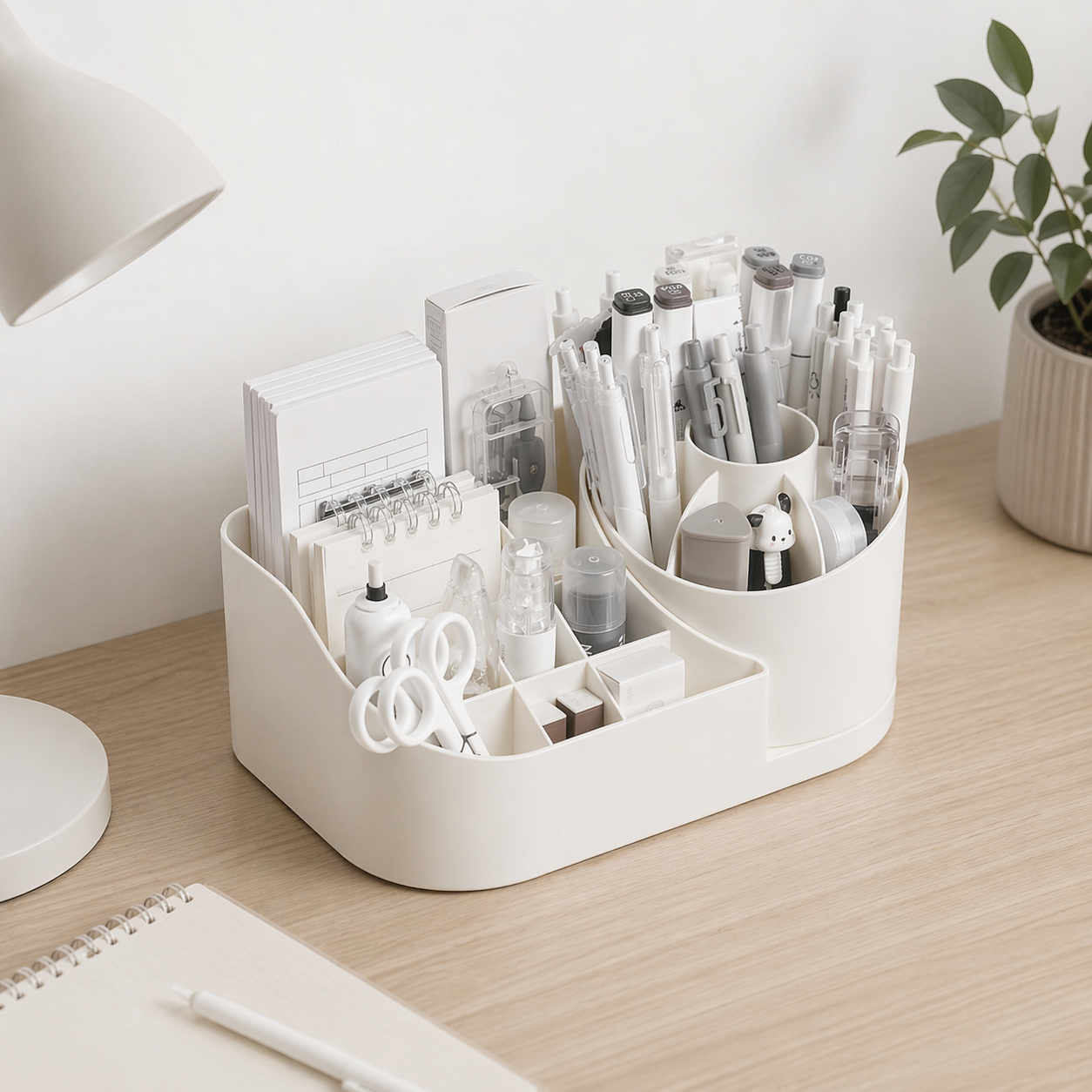 White desk organizer filled with stationery items on a wooden surface.