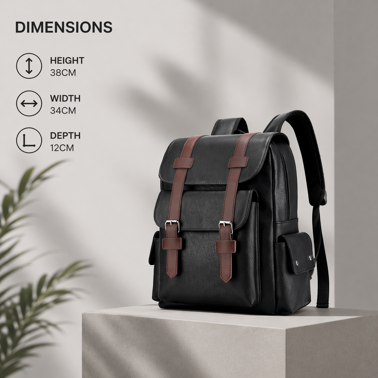Black backpack with brown straps on a light gray background