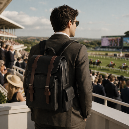 Man in a suit with a backpack at a horse racing event
