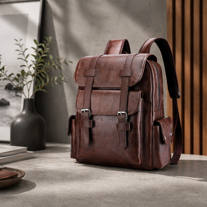 Brown leather backpack on a wooden surface with a plant and books in the background