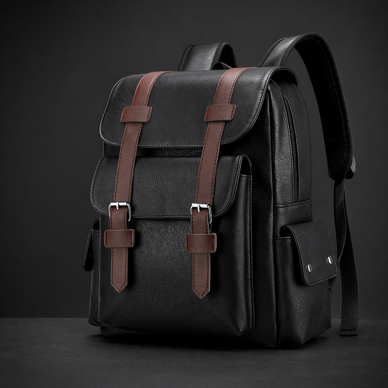 Black backpack with brown straps on a dark background