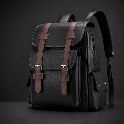 Black backpack with brown straps on a dark background