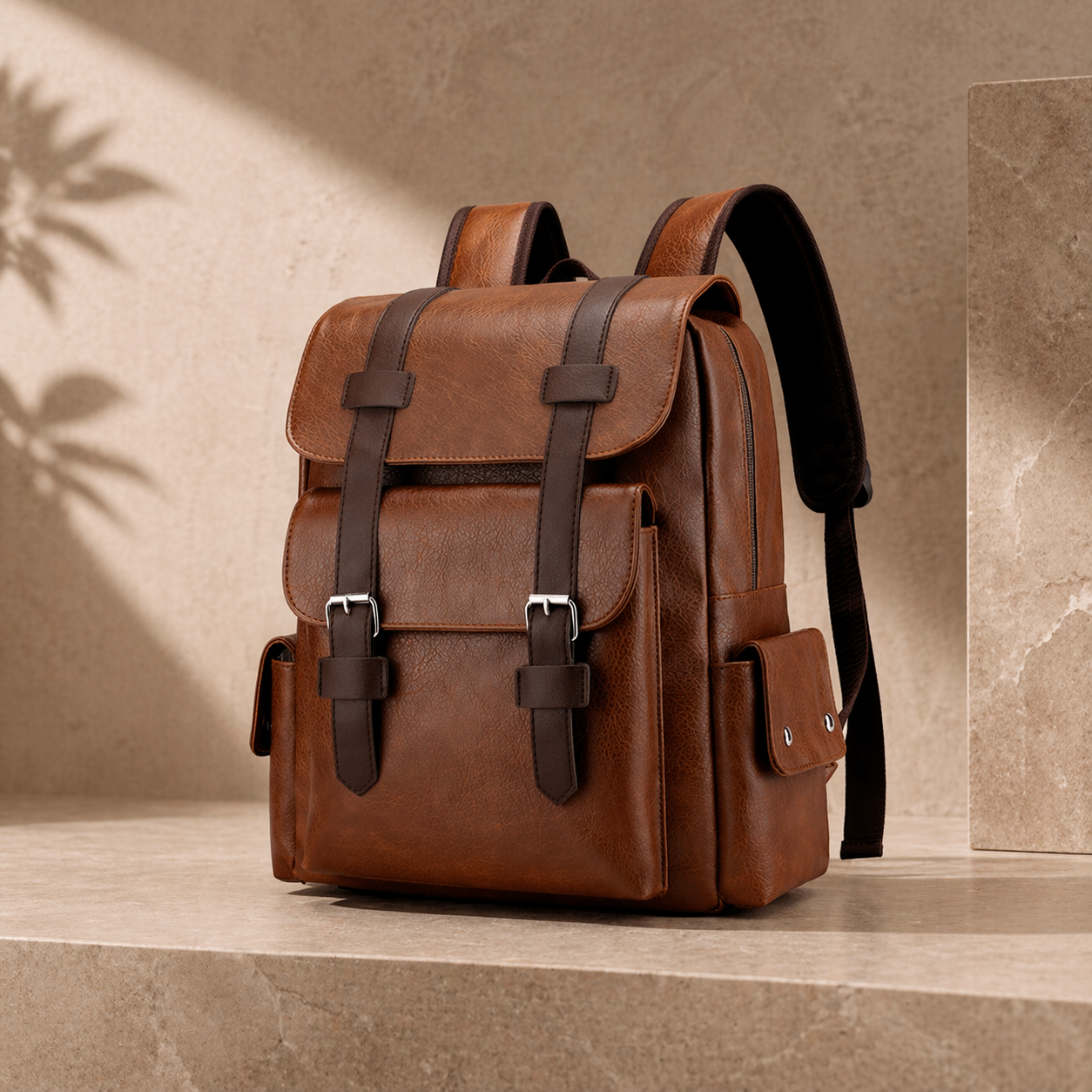 Brown leather backpack on a neutral background