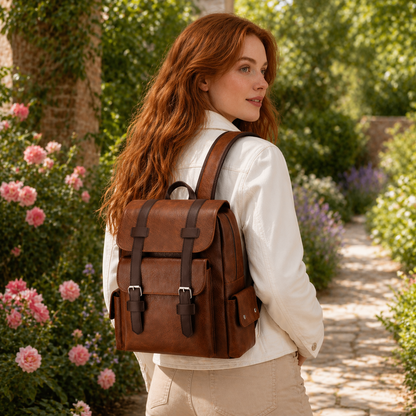 Woman with a brown leather backpack walking through a garden