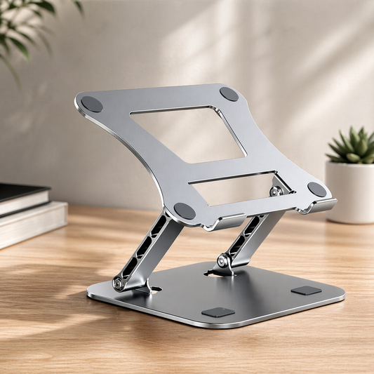 Metallic laptop stand on a wooden surface with a blurred indoor background