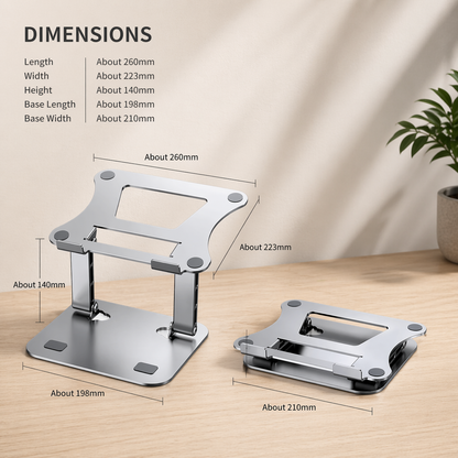 Metallic adjustable stand on a wooden surface with dimensions displayed